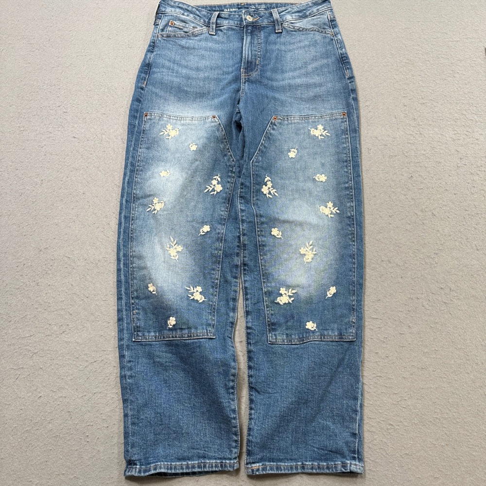 Old Navy Jeans Women's 10 Blue Floral Embroidered Double Knee Loose High Rise